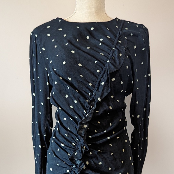 Navy Blue Ruched Bodycon Dress with Long Sleeves - Picture 2 of 4